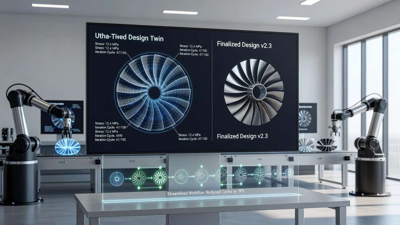 Manufacturing floor with digital twin overlays illustrating real-time form iteration updates on assembly line equipment and product prototypes